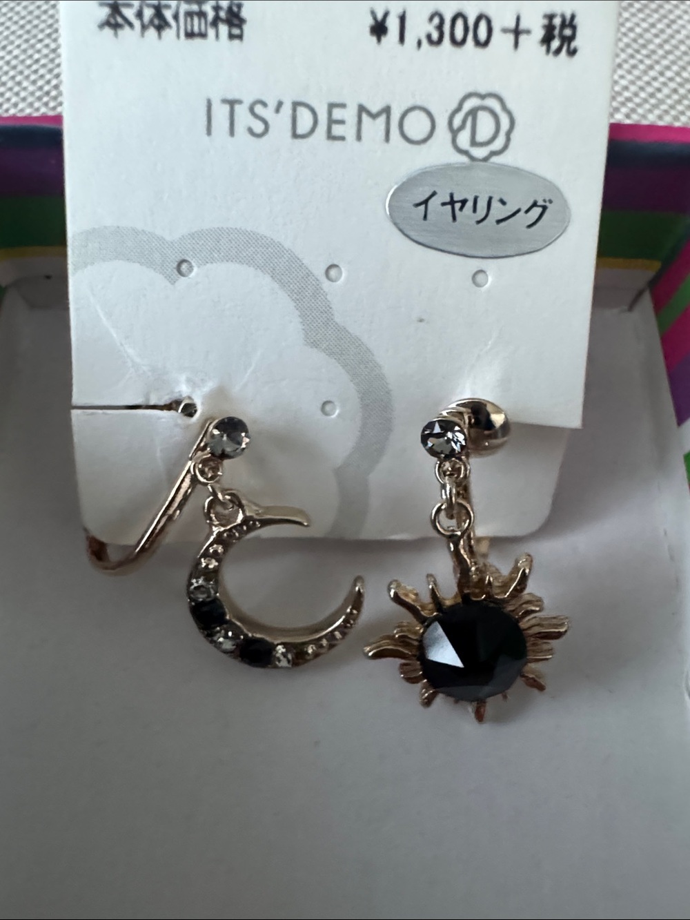 NEW JAPAN Gold Sun & Moon Drop Non-Pierced Earrings with Black Stones